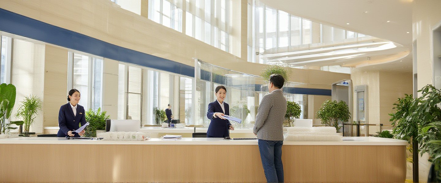 服务中心办事大厅内工作人员整理评估文档的场景